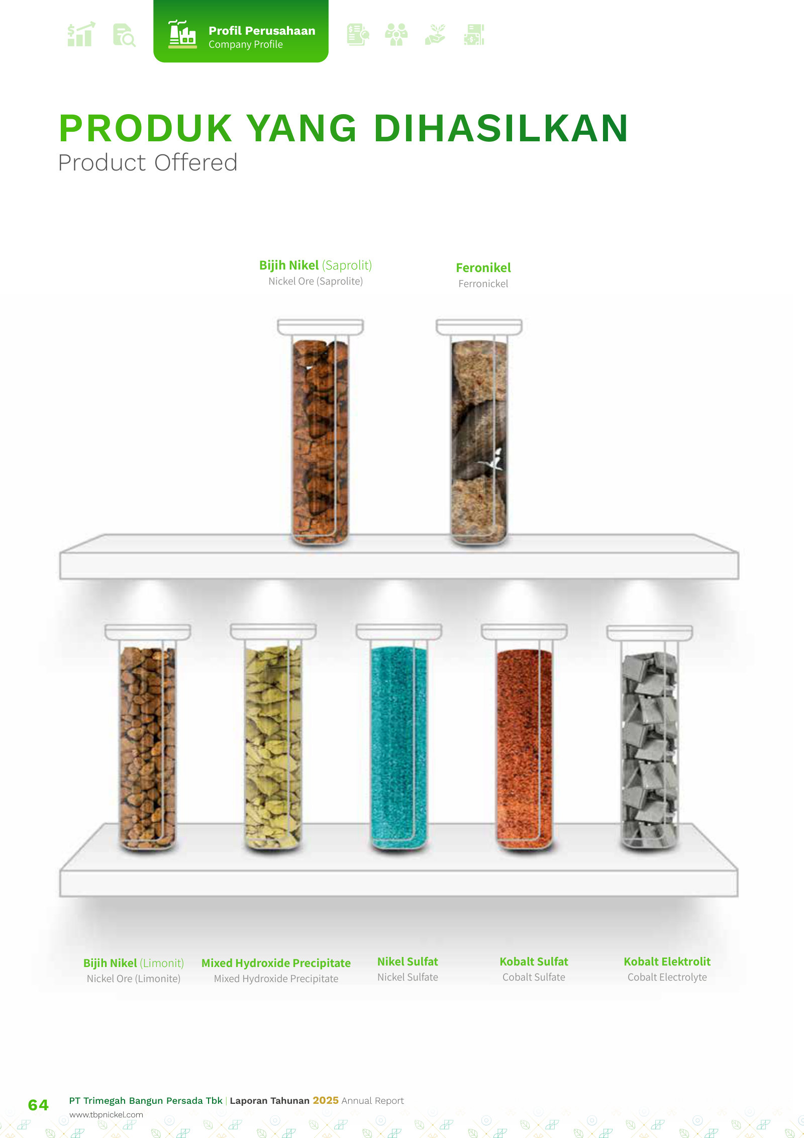 Product portfolio: nickel ore (saprolite/limonite), ferronickel, MHP, and nickel/cobalt sulfate and cobalt electrolyte.