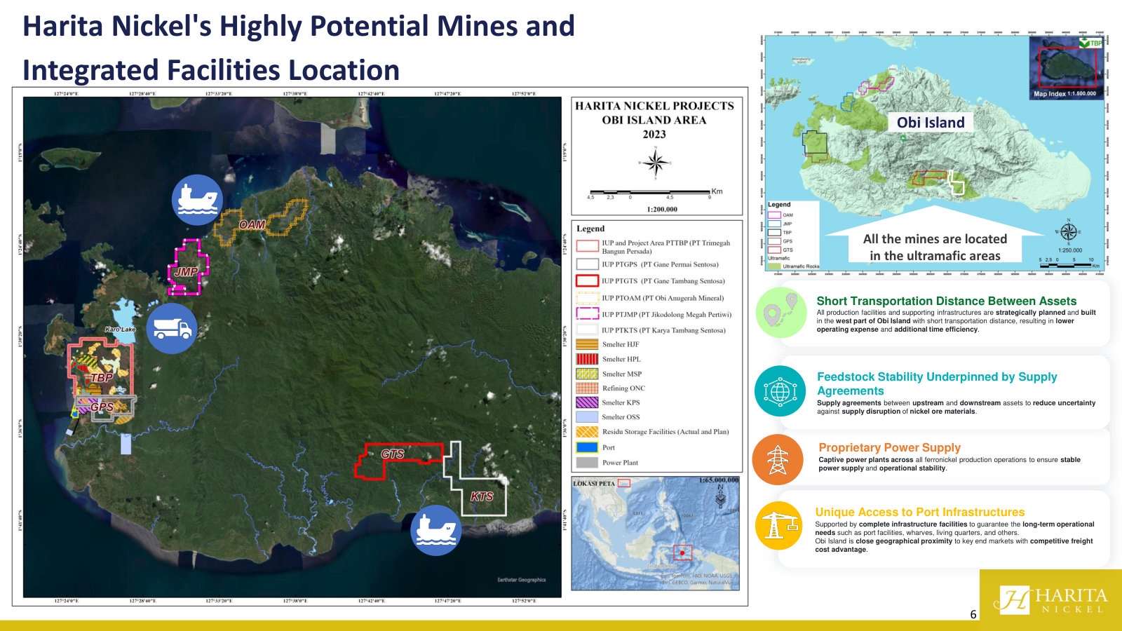 Obi Island map: mines, HPAL/RKEF smelters, ports and captive power all co-located — the short-haul integration behind the low-cost claim.