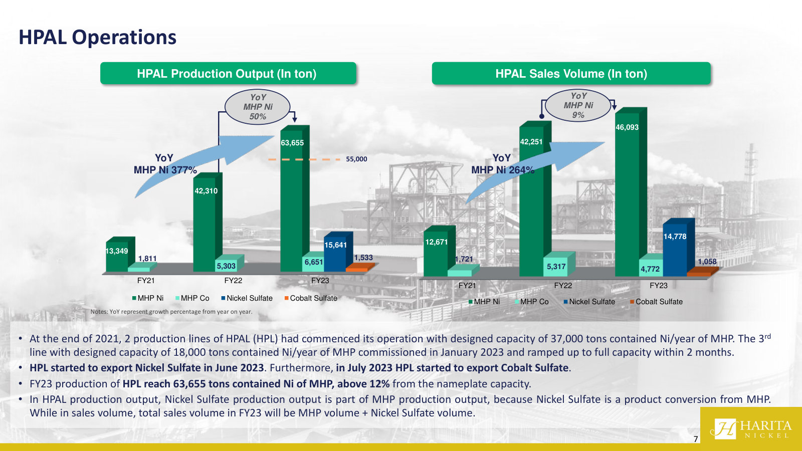 HPAL route: MHP, nickel sulfate and cobalt sulfate output — the battery-grade chemicals side of the business.